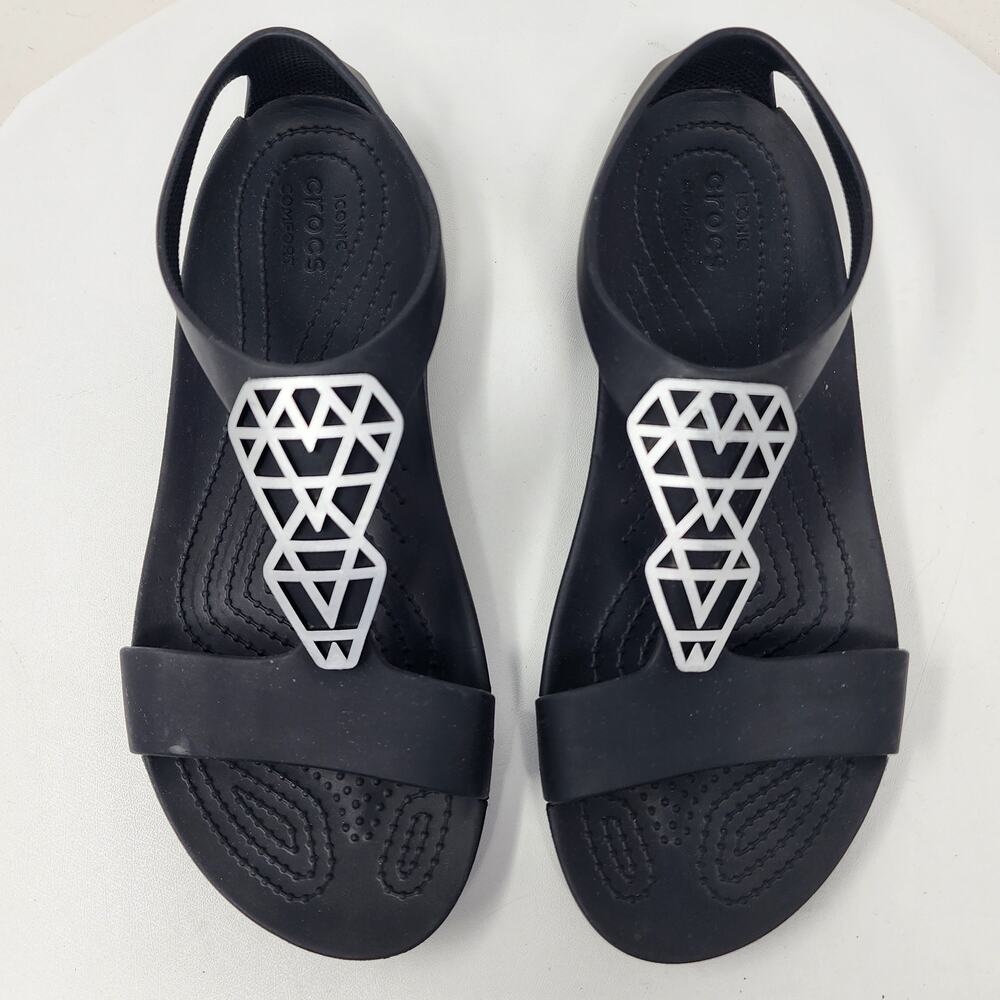 Crocs Serena Sexi Sandals Women 7 Black with Silver Diamond T-Strap Comfort - Picture 4 of 12